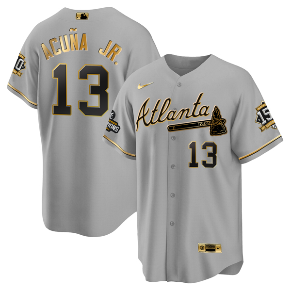Men's Atlanta Braves #13 Ronald Acuña Jr. 2021 Grey/Gold World Series Champions With 150th Anniversary Patch Cool Base Stitched Jersey Men's Atlanta Braves #13 Ronald Acuña Jr. 2021 Grey/Gold World Series Champions With 150th Anniversary Patch Cool Base Stitched Jersey